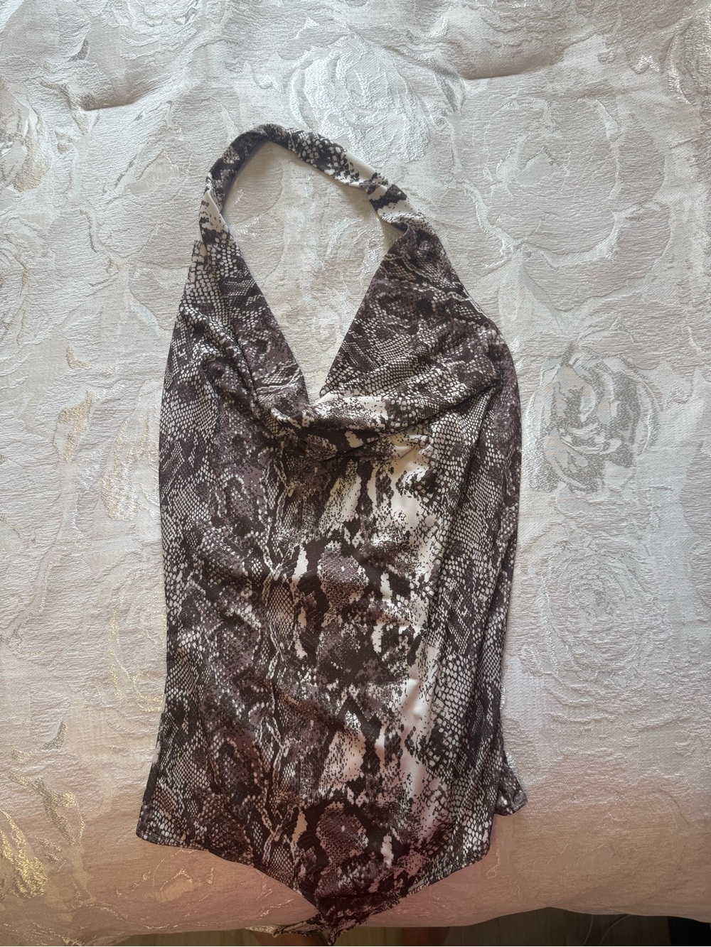 Stradivarius Snake Print Cowl Neck Halter Top in Brown & Cream